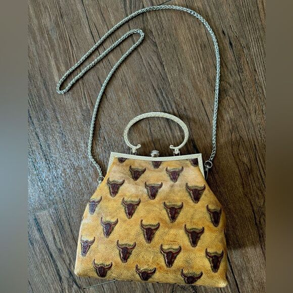 Longhorn Genuine Embossed Leather Vintage Style Top Handle Bag With Long Chain - Picture 8 of 16